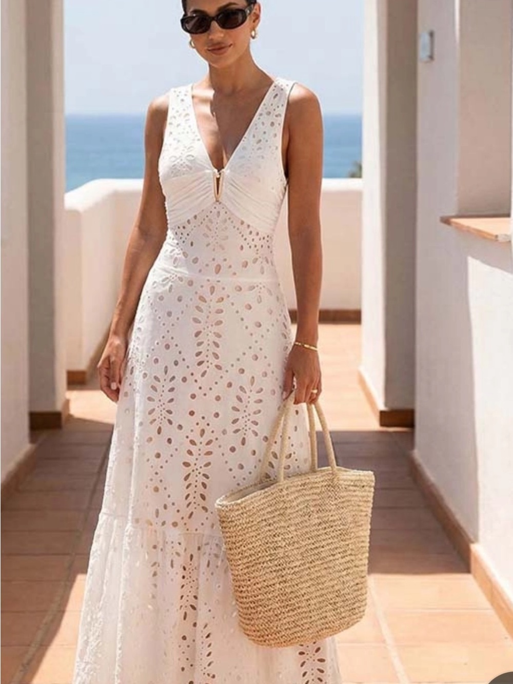 Ivory Laser-Cut Bandeau Swimsuit with Matching Maxi Skirt